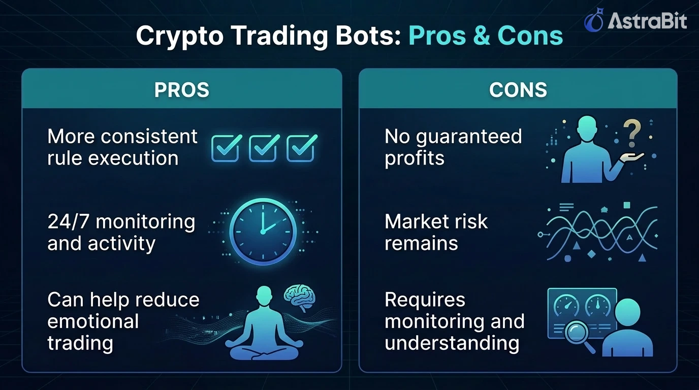 Infographic comparing pros and cons of crypto trading bots, showing more consistent rule execution, 24/7 monitoring, and potential emotional discipline on one side, and no guaranteed profits, market risk, and the need for monitoring and understanding on the other.
