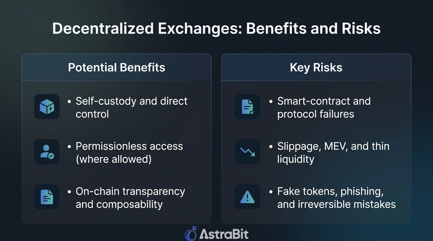 Diagram comparing the benefits and risks of decentralized exchanges (DEX), including control of funds, liquidity, fees, and smart contract risks.