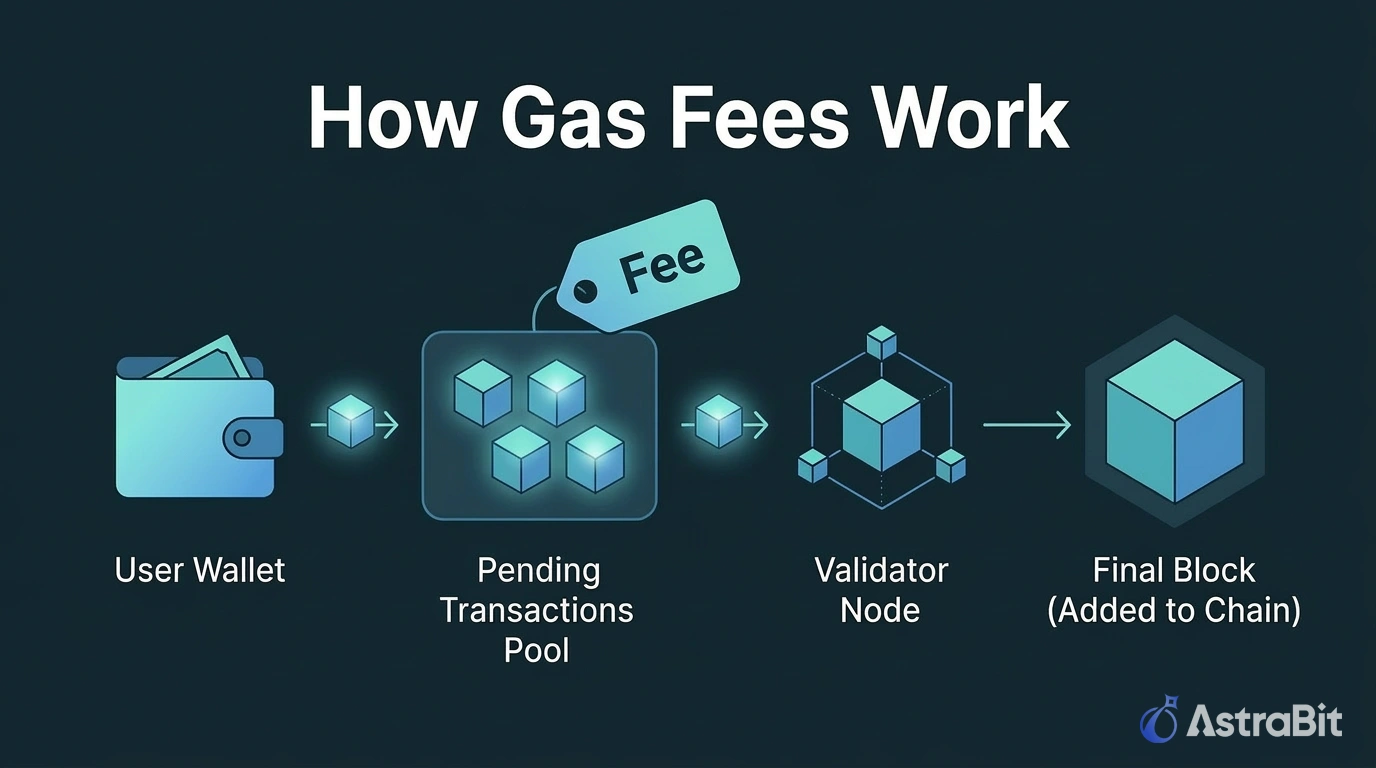 How blockchain gas fees work diagram showing user wallet pending transactions validator node and final block confirmation process