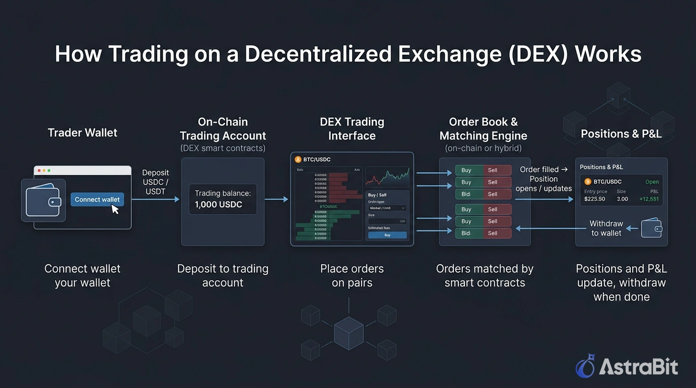 Diagram showing how decentralized exchange (DEX) trading works on-chain, including wallet connection, liquidity pools, and trade execution.