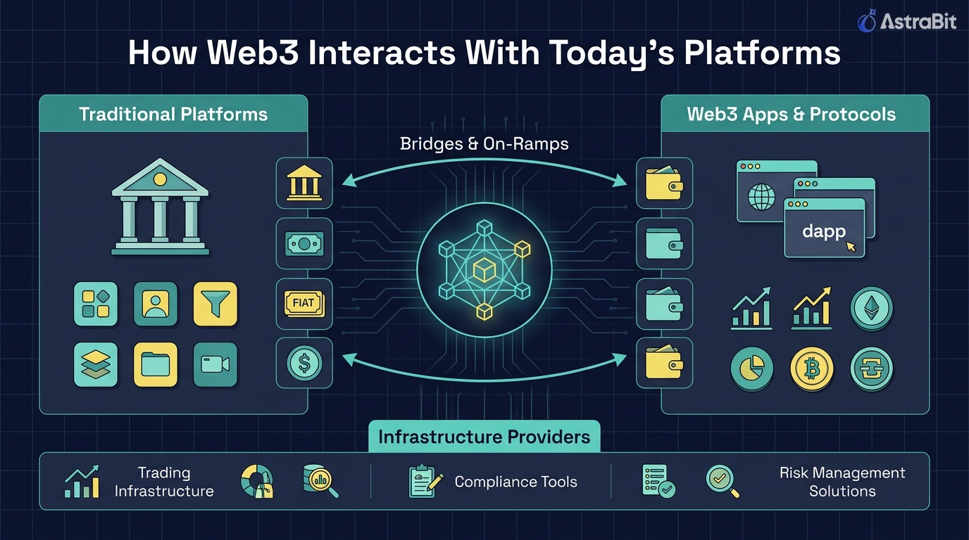 How Web3 interacts with traditional platforms diagram showing bridges on ramps infrastructure providers dapps and financial systems integration