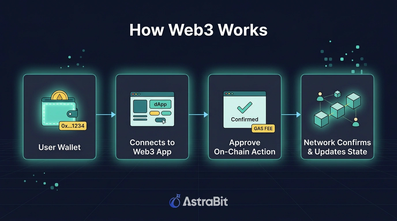 How Web3 works diagram showing user wallet connection to dapp approving on chain transaction with gas fees and network confirmation process