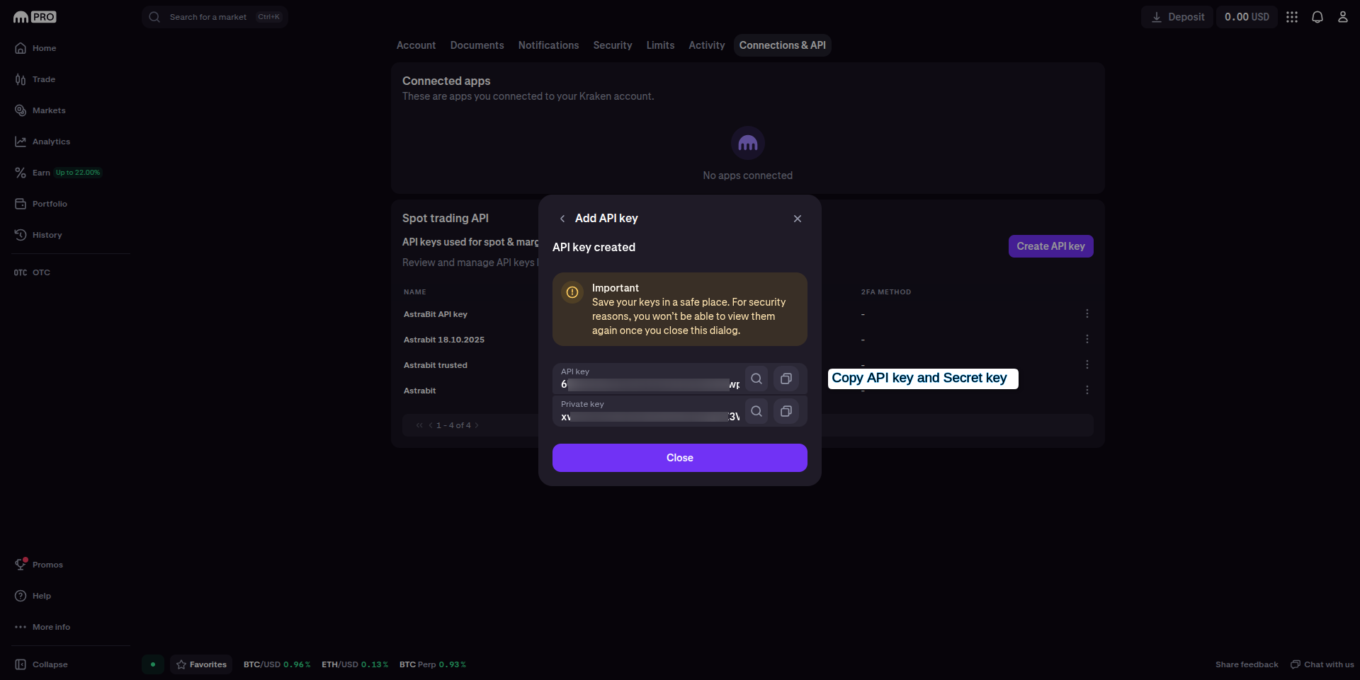 Kraken API key and secret key display.