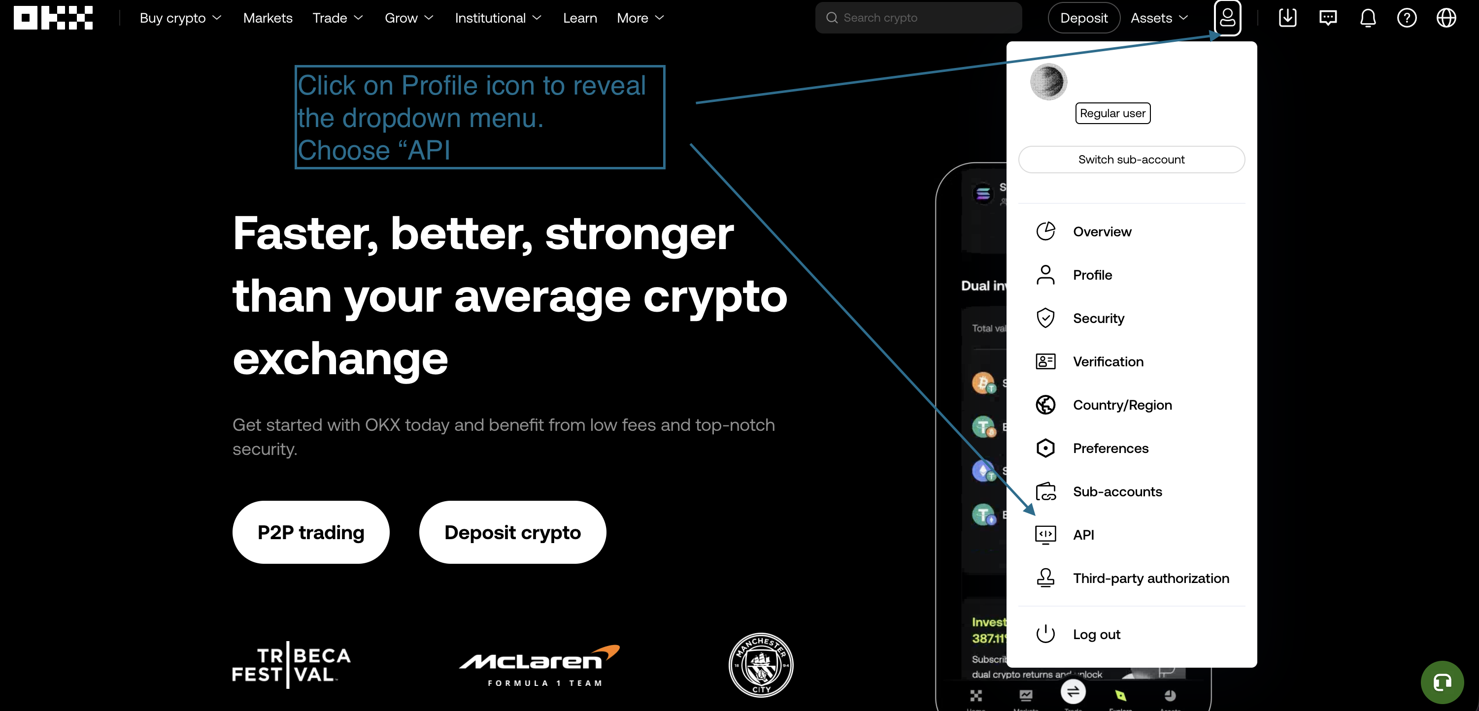 OKX Profile menu with API Management option.