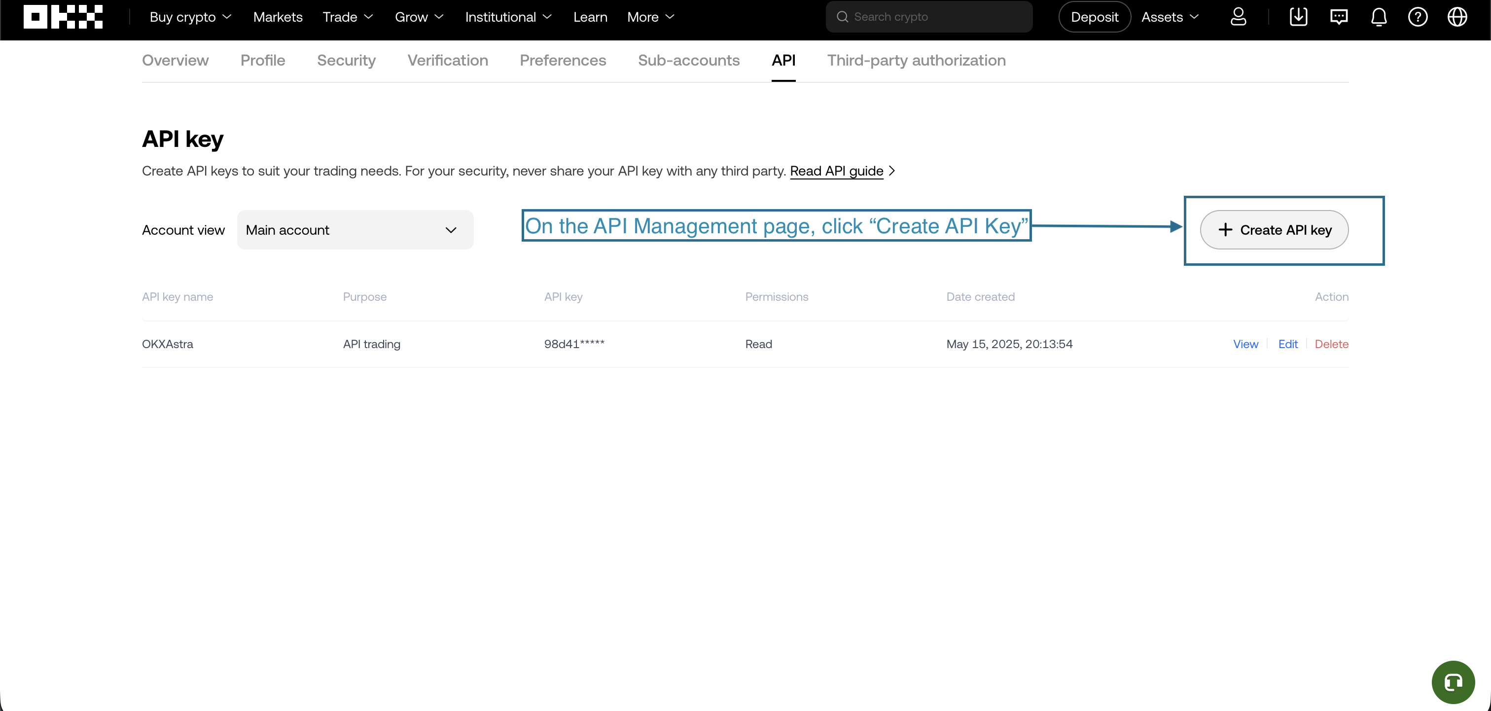 OKX Create API Key form.