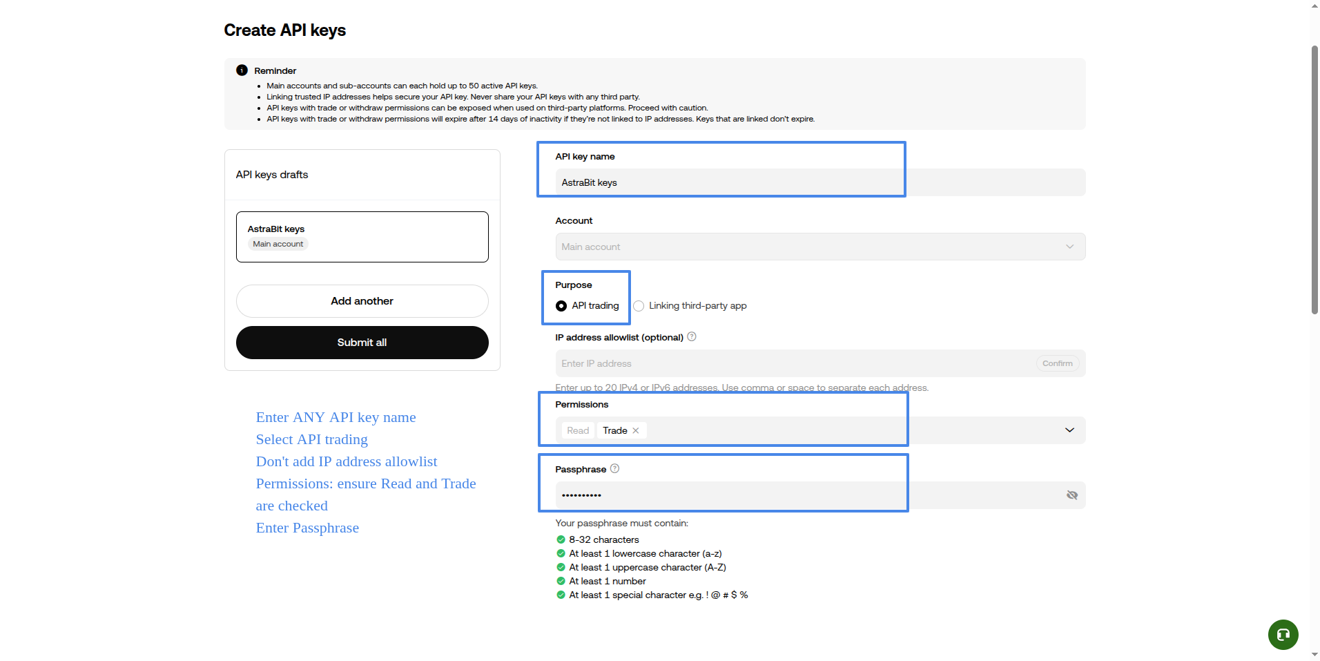 OKX API permissions configuration.