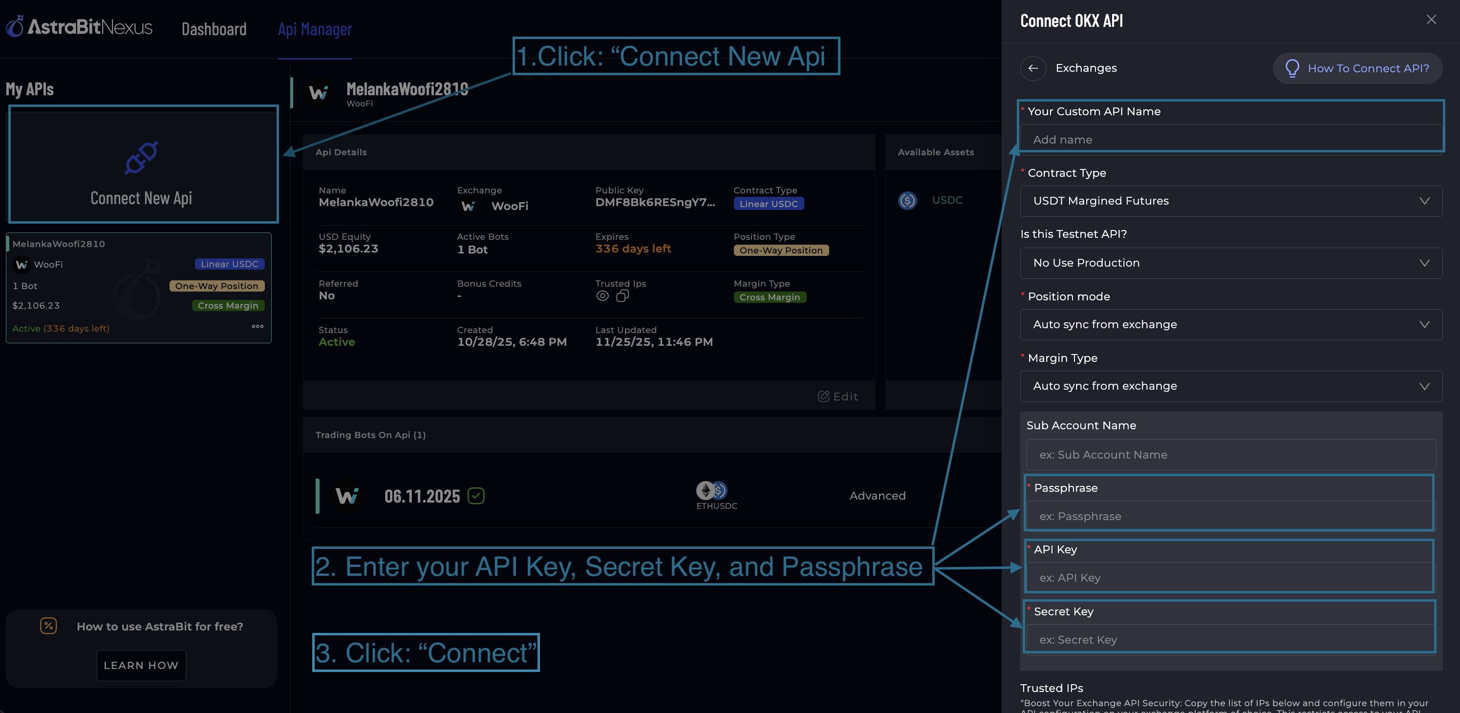 AstraBit Connect Exchange screen with OKX selected.