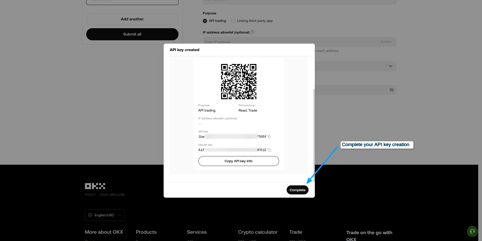AstraBit OKX API connection form.