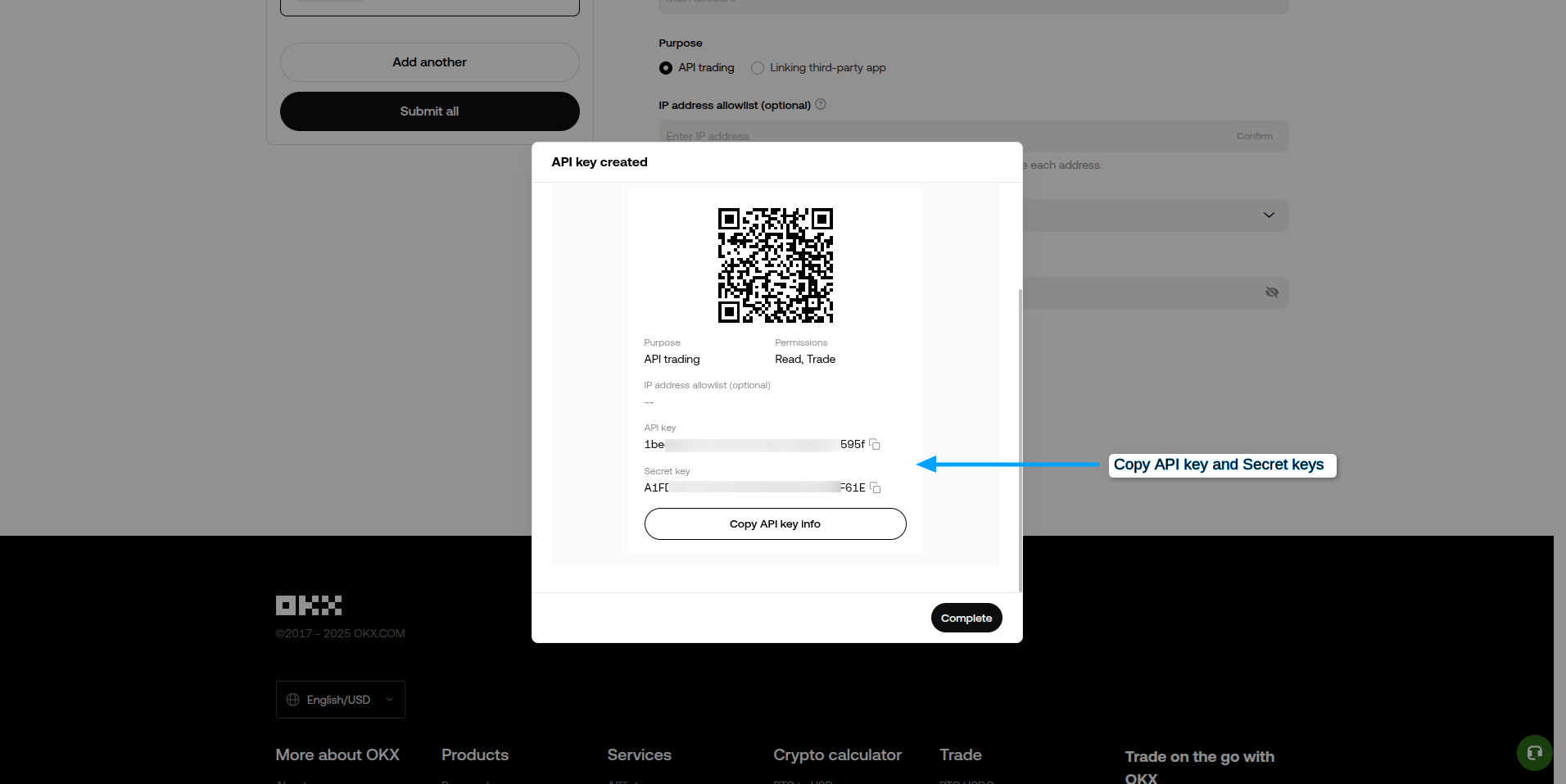 OKX API passphrase setup.