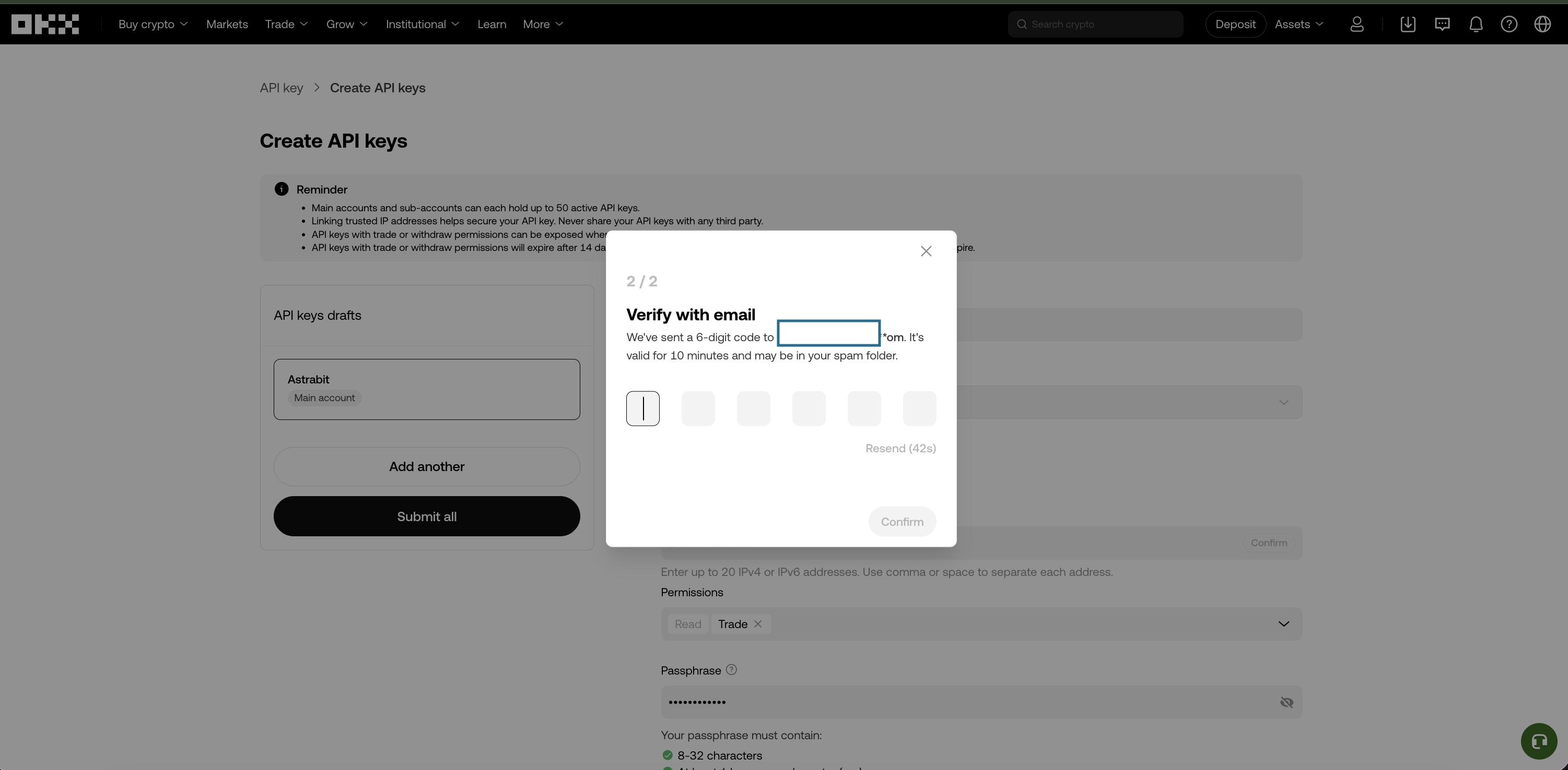 OKX API verification step.