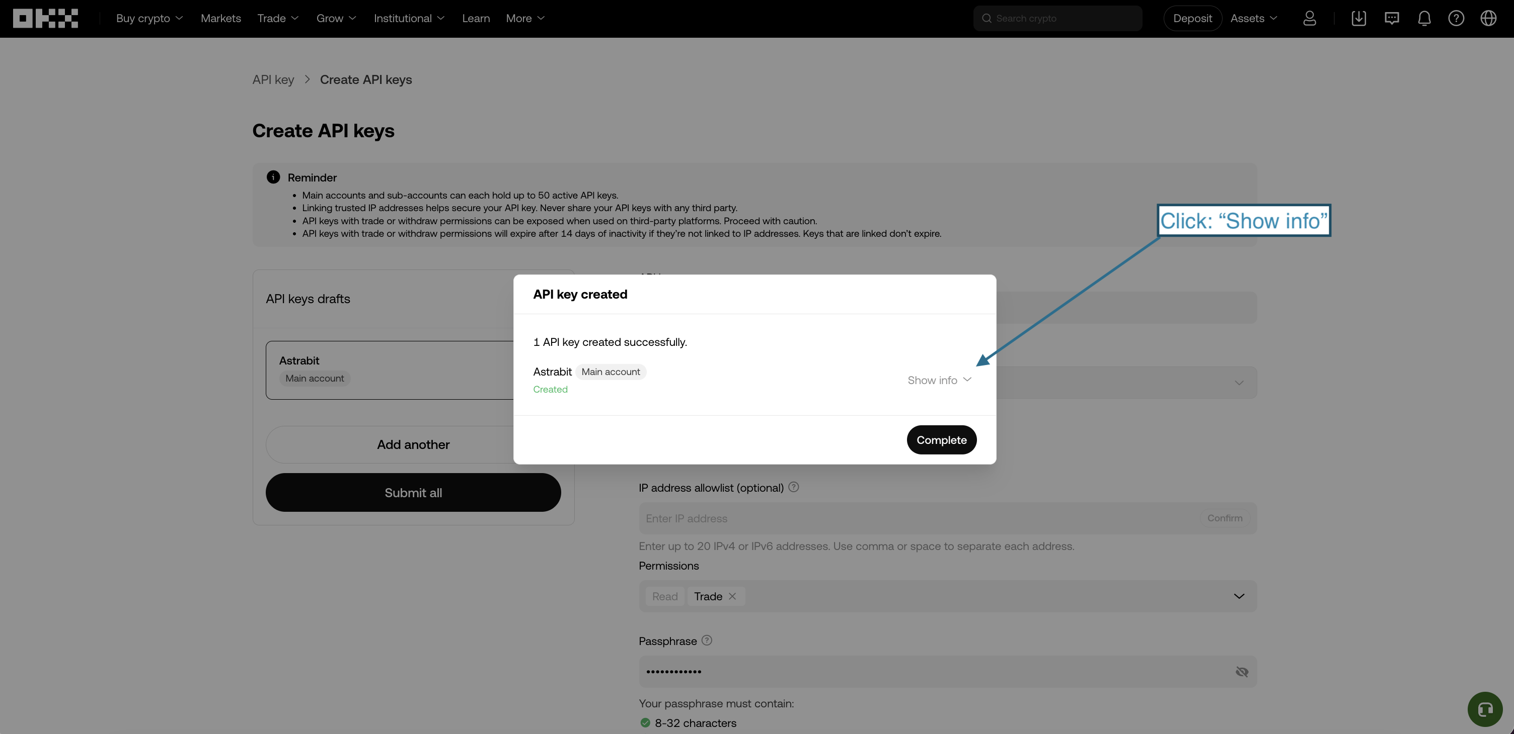 OKX IP whitelist configuration.