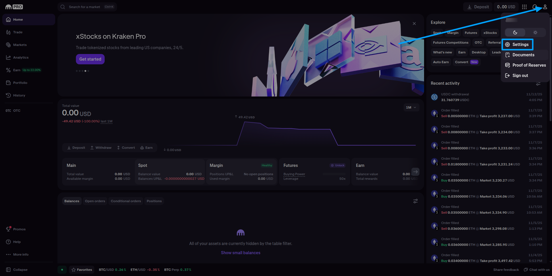 Kraken API settings page.