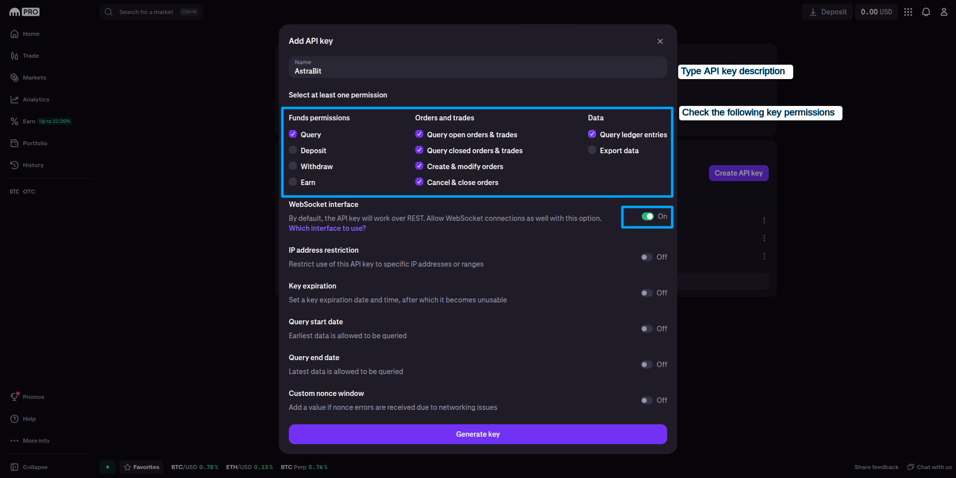 Kraken API permissions configuration.