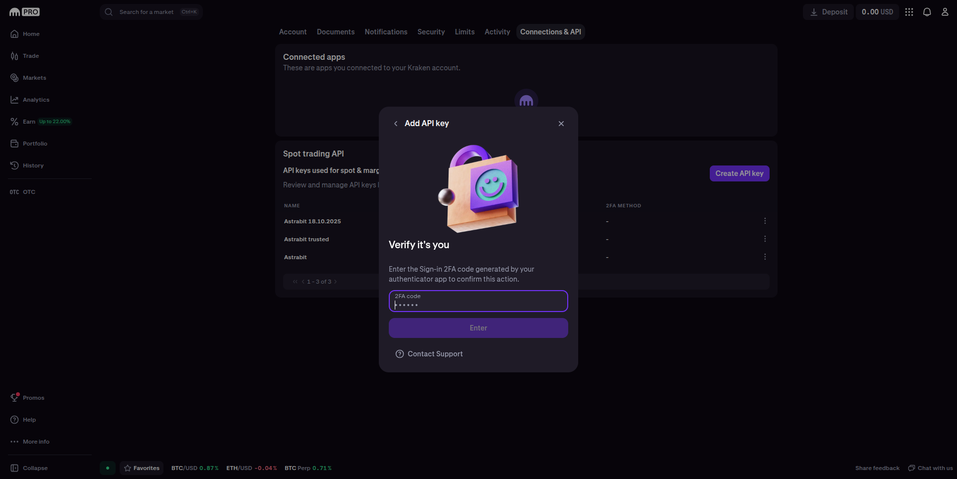 Kraken API key confirmation screen.