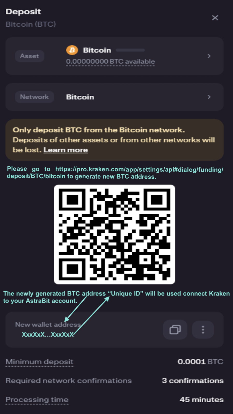 Kraken BTC deposit address generation screen.