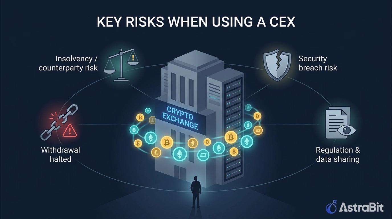 Key risks of using a centralized exchange CEX including counterparty risk security breaches withdrawal halts and regulatory data sharing