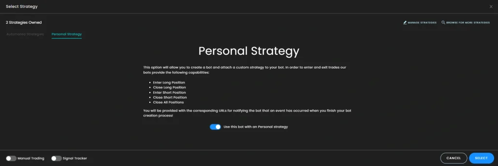 Select personal strategy option step in AstraBit setup process