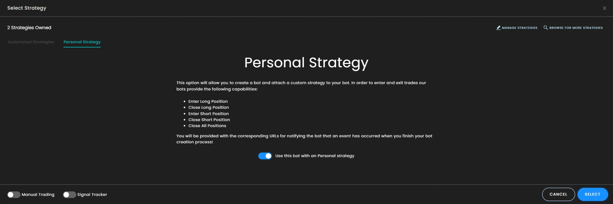 Select personal strategy option step in AstraBit setup process.