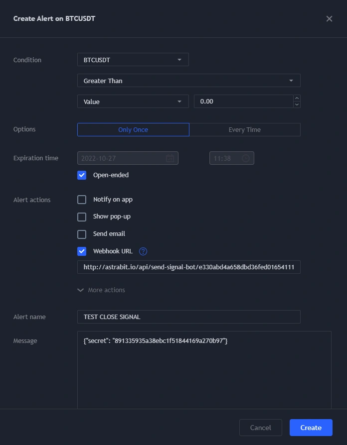 TradingView alert setup screen for testing webhook signal configuration