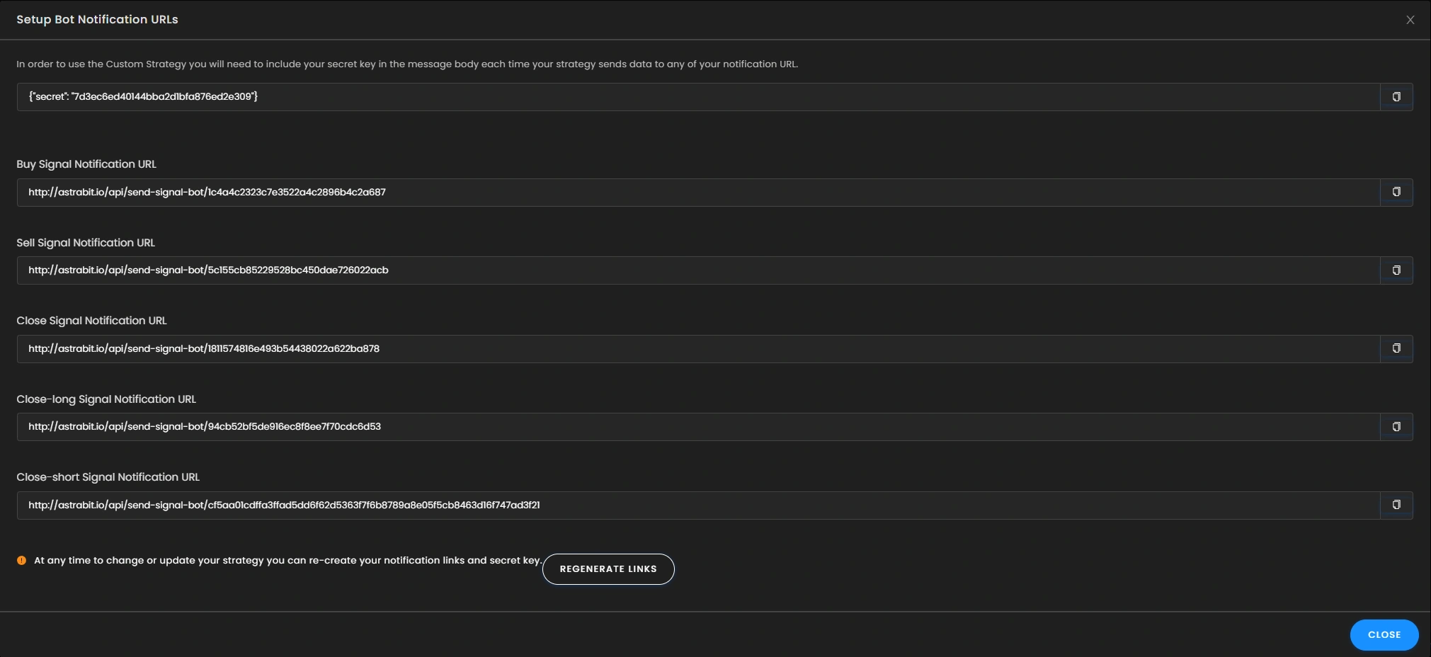 Select notification URLs step in AstraBit personal strategy setup.