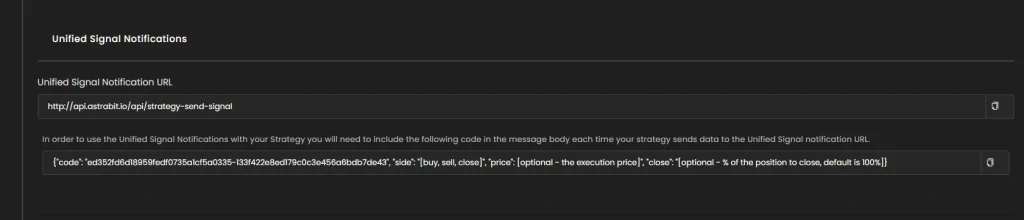 Configure notification URLs step in AstraBit personal strategy setup process
