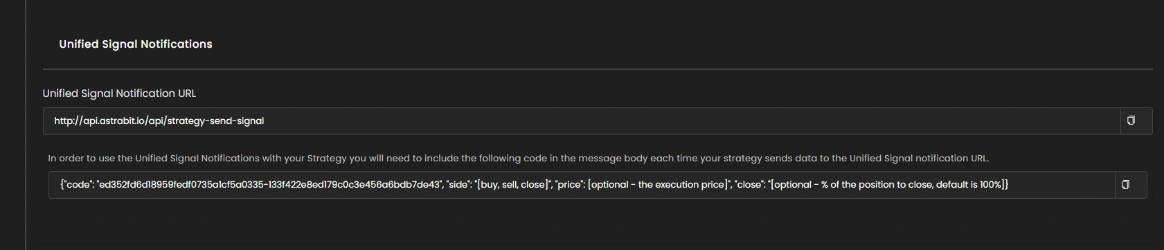 Configure notification URLs step in AstraBit personal strategy setup process.