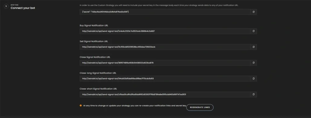 Select notification URL option step in AstraBit personal strategy setup