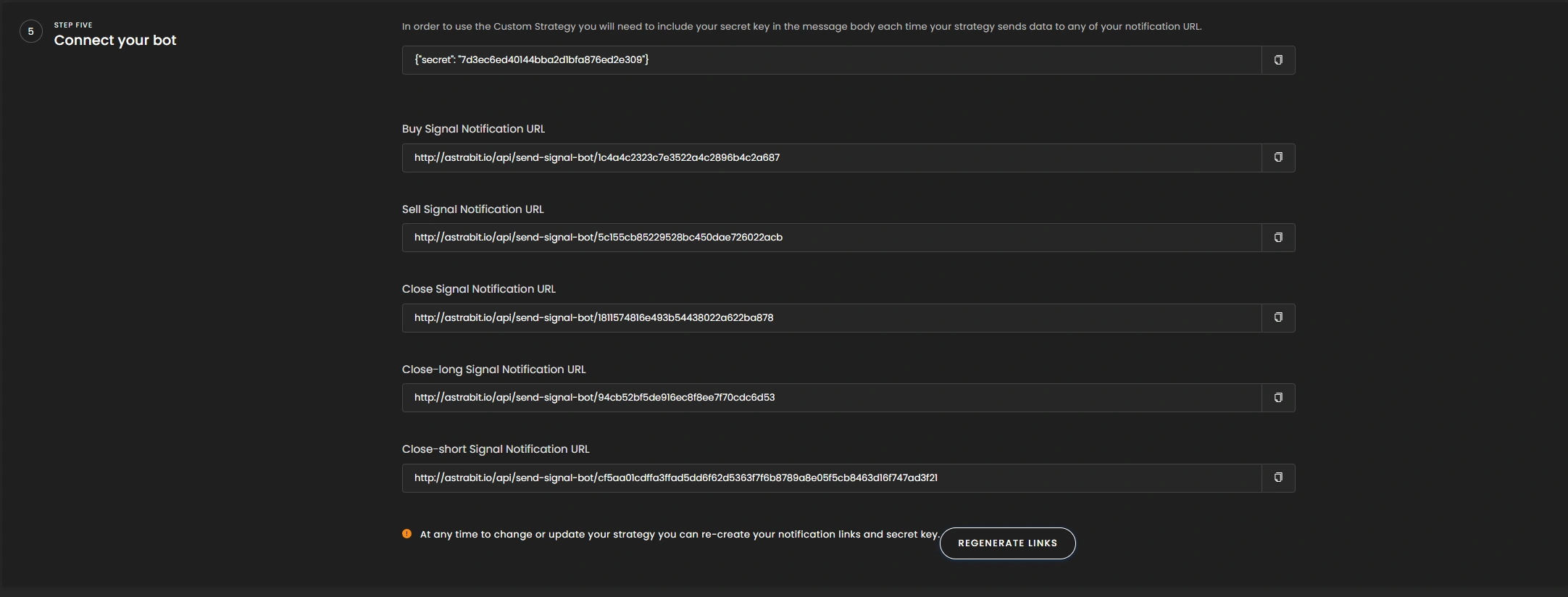 Select notification URL option step in AstraBit personal strategy setup.