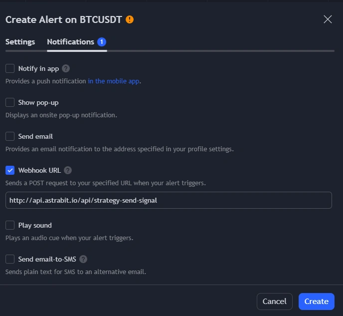 Configure alert notification settings with webhook URL in AstraBit personal strategy setup