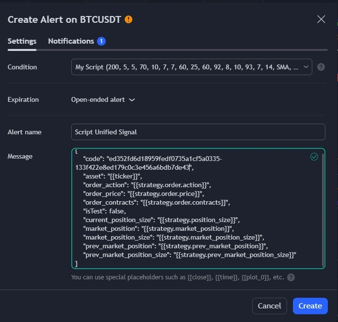Create alert step in AstraBit personal strategy setup showing alert configuration fields