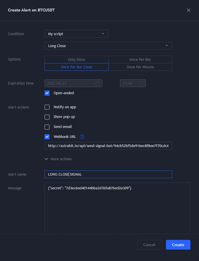 Set alert name and message for webhook signal in AstraBit personal strategy setup