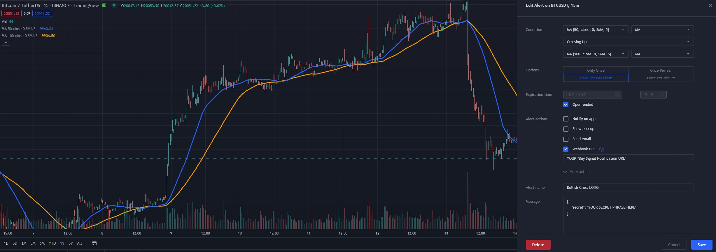 TradingView chart with moving averages and alert setup for webhook signal integration.