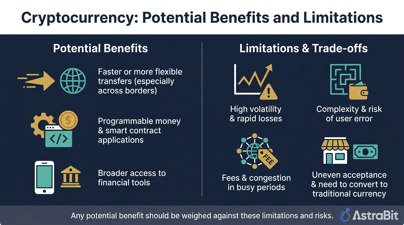 Infographic comparing potential benefits of cryptocurrency, such as faster transfers and programmability, with limitations and trade‑offs like volatility, complexity, and uneven adoption.