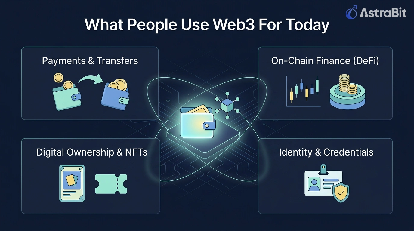 What people use Web3 for today including payments transfers DeFi digital ownership NFTs and identity credentials use cases
