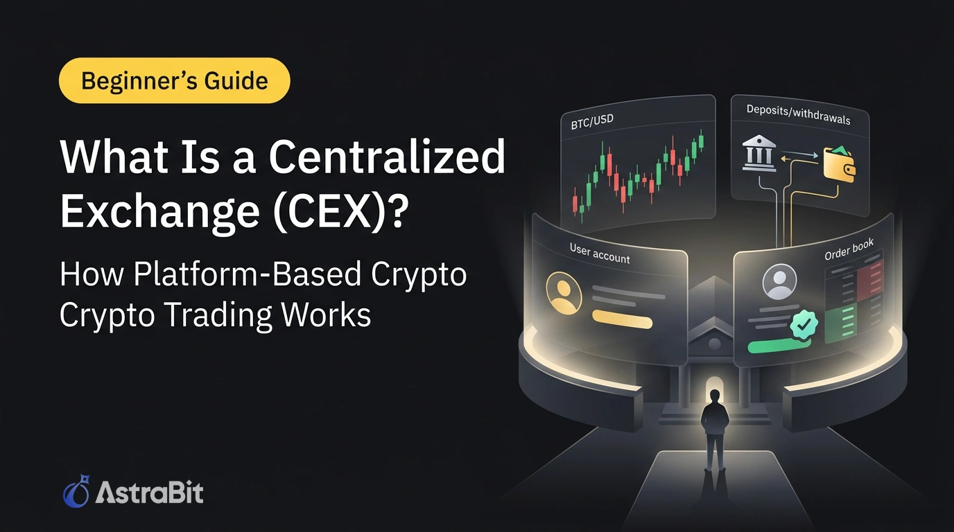 What is a centralized exchange (CEX) illustration showing crypto trading interface with order book, user account, BTC USD chart, and deposit withdrawal system