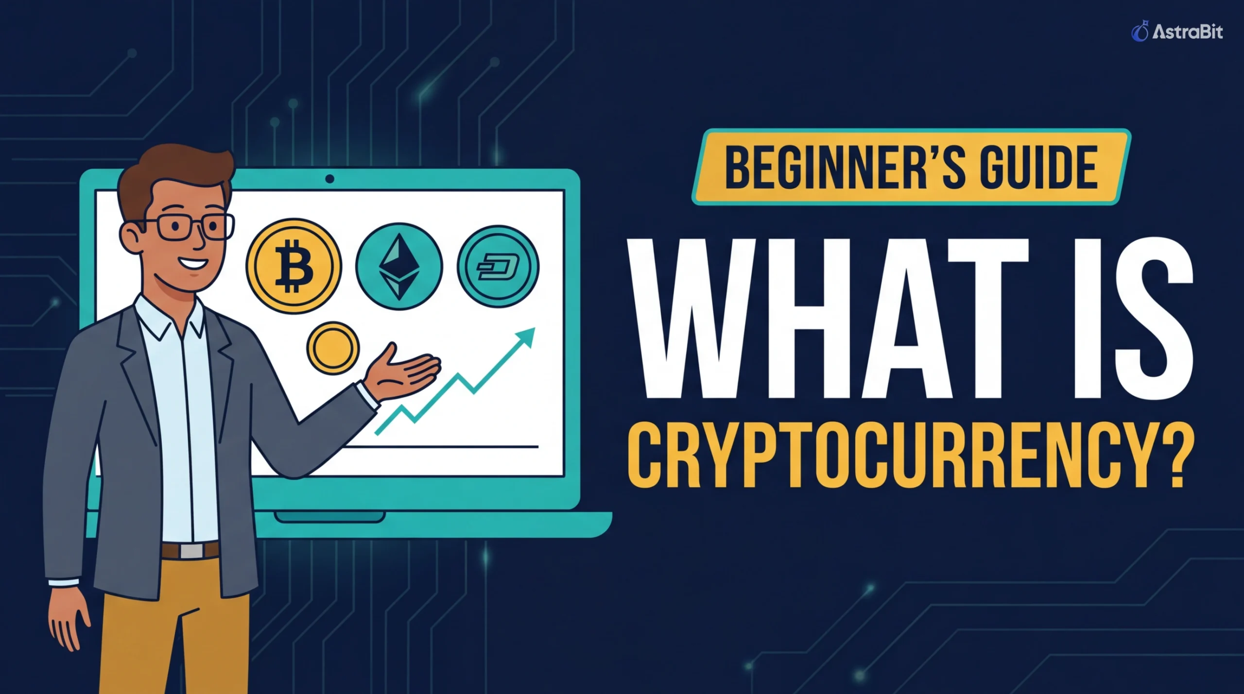 Beginner’s guide hero image showing a person in front of a chart and laptop with the text “What Is Cryptocurrency?”