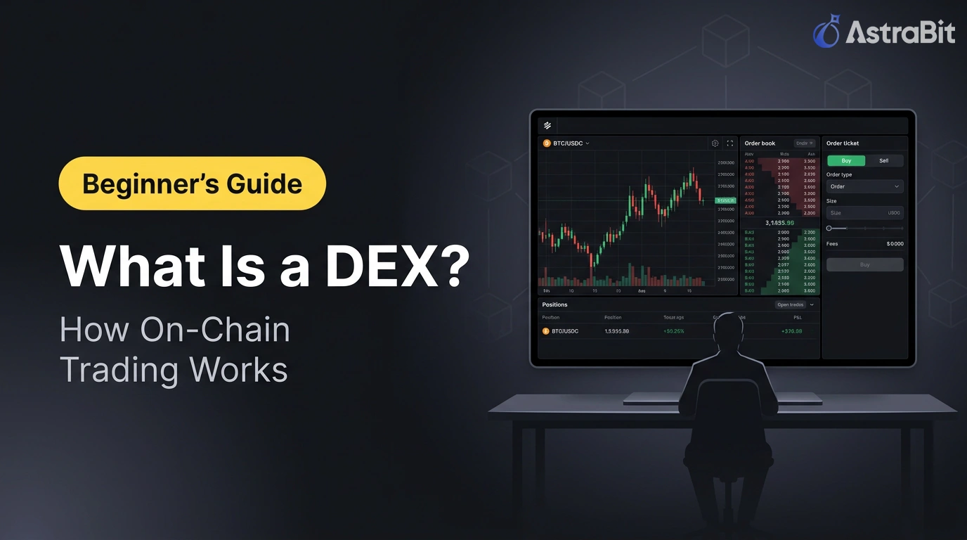 Hero image for AstraBit Academy’s beginner guide to on‑chain DEX trading, illustrating a trader connecting a wallet and placing orders on crypto pairs like BTC/USDC in a decentralized exchange environment.