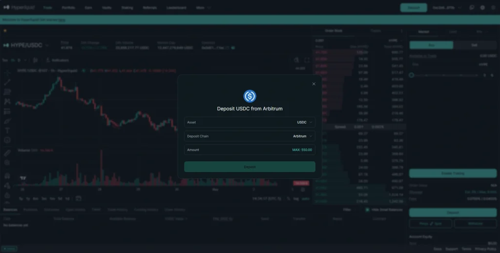 Hyperliquid trading screen with a ‘Deposit USDC from Arbitrum’ pop‑up showing asset, deposit chain, and amount fields before funding the account.