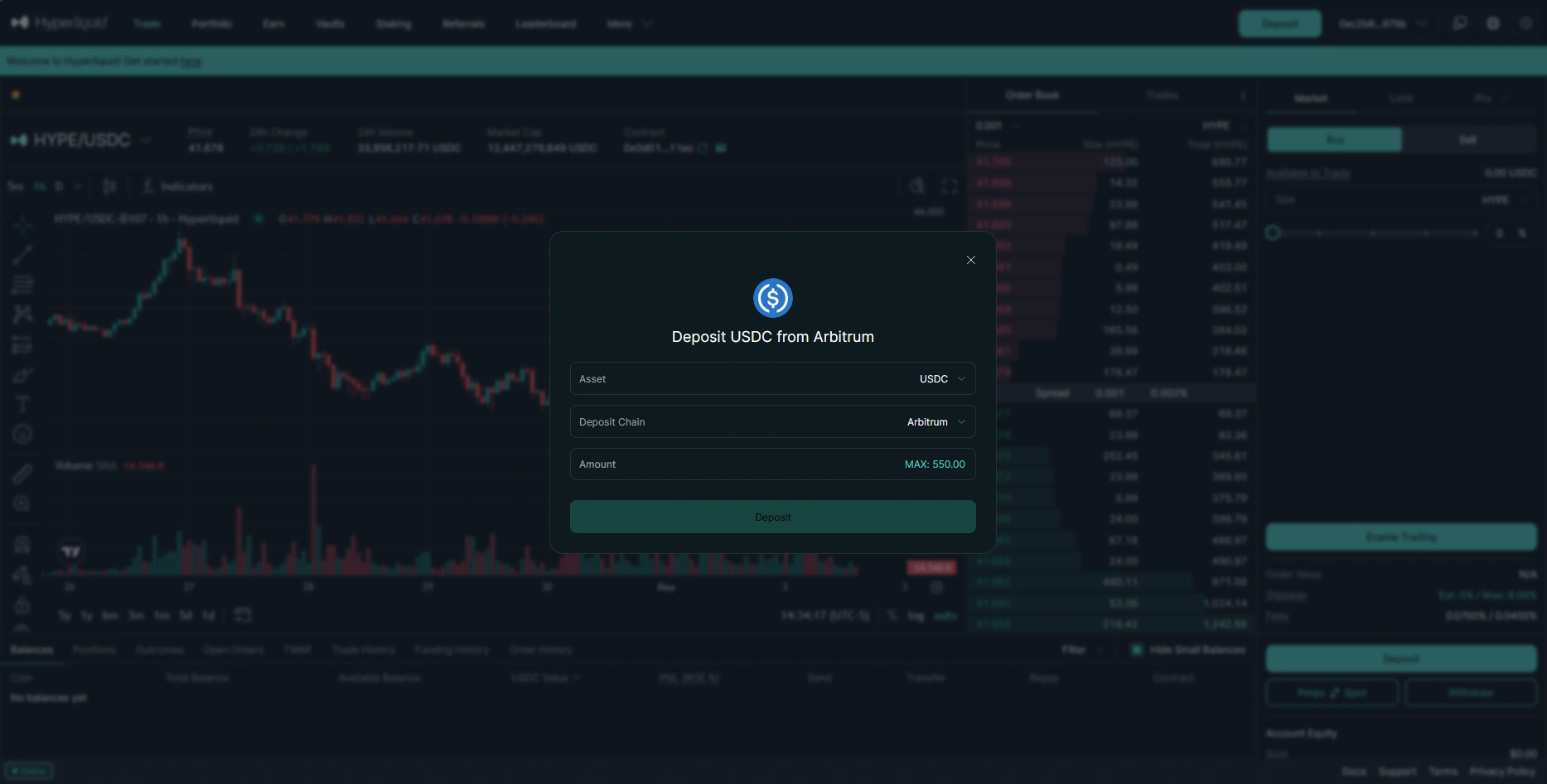 Hyperliquid 'Deposit USDC from Arbitrum' pop-up with asset, deposit chain, and amount fields.