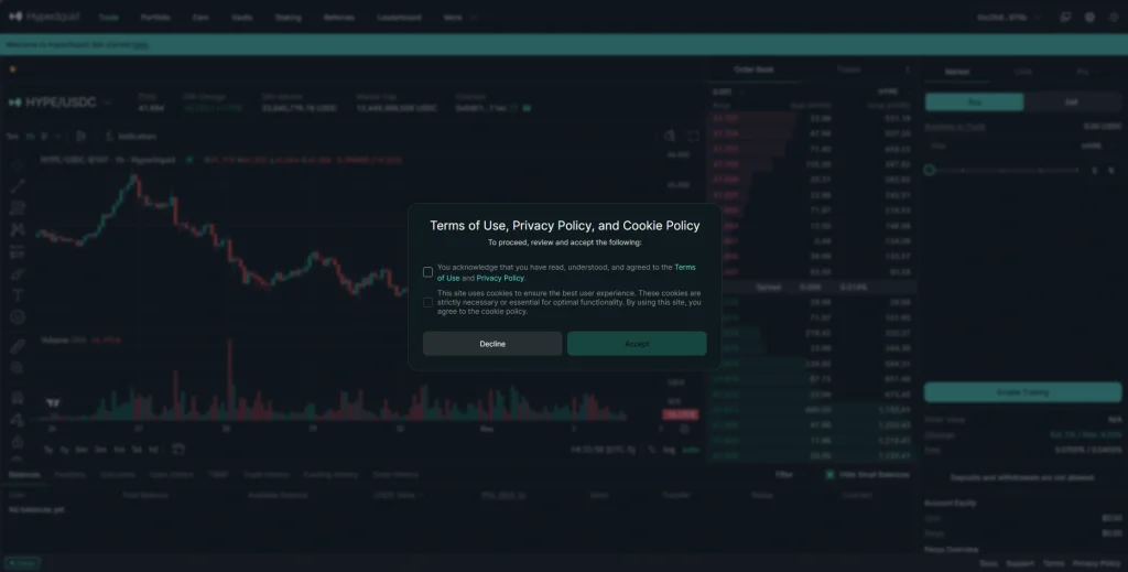 Hyperliquid trading screen with a Terms of Use, Privacy Policy, and Cookie Policy pop‑up asking the user to review and accept before enabling trading.
