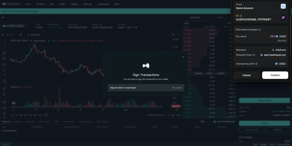 Hyperliquid deposit flow showing a ‘Sign Transactions’ prompt on the trading screen and a connected wallet window asking the user to confirm a USDC deposit on Arbitrum.