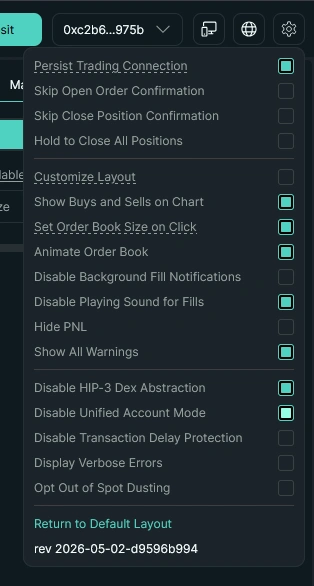 Hyperliquid settings dropdown showing trading, layout, and advanced options including the checkbox to disable Unified Account Mode.