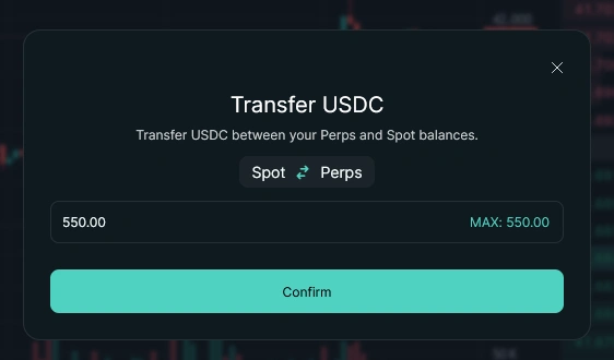 Hyperliquid ‘Transfer USDC’ pop‑up showing a transfer of 550 USDC from the Spot balance to the Perps balance with a Confirm button.
