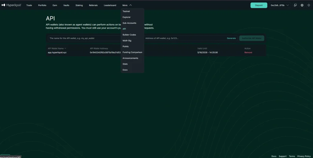 Hyperliquid API page showing the API wallet configuration screen with the top navigation ‘More’ menu expanded and the API option highlighted.