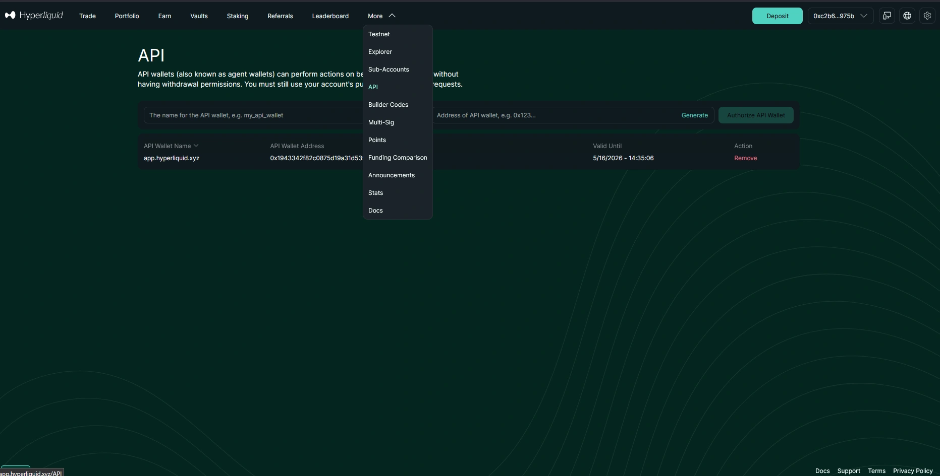 Hyperliquid API page with the 'More' menu expanded and the API option highlighted.