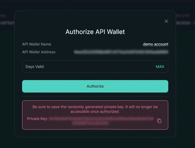 Hyperliquid ‘Authorize API Wallet’ pop‑up showing fields for API wallet name, address, days valid, and a warning to save the generated private key before authorizing.