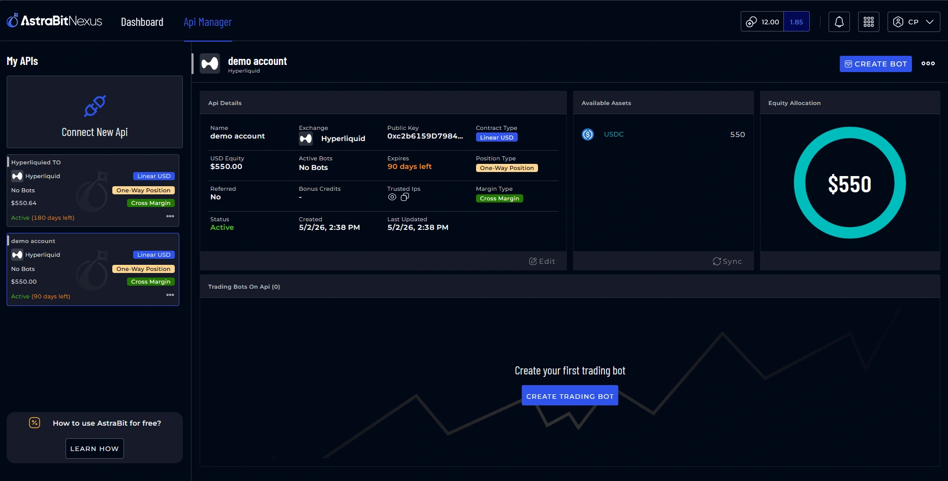 AstraBit Nexus API Manager showing a connected Hyperliquid demo account with 550 USDC available and a prompt to create your trading bot.