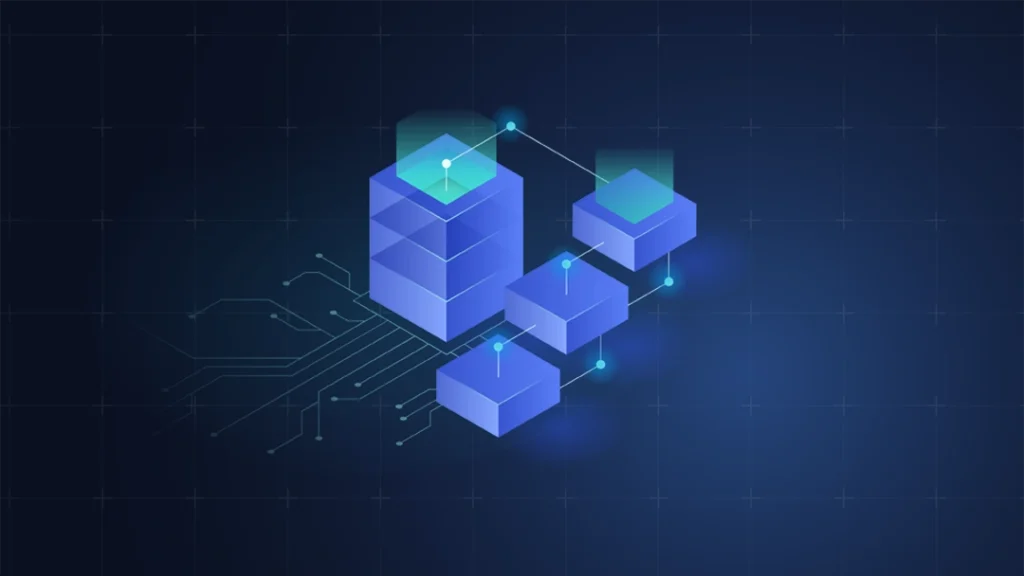 Illustration of connected data blocks and network nodes representing blockchain infrastructure, distributed systems, data storage, and interconnected digital asset platforms.