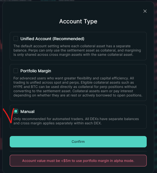 Hyperliquid Unified Account Mode setting.