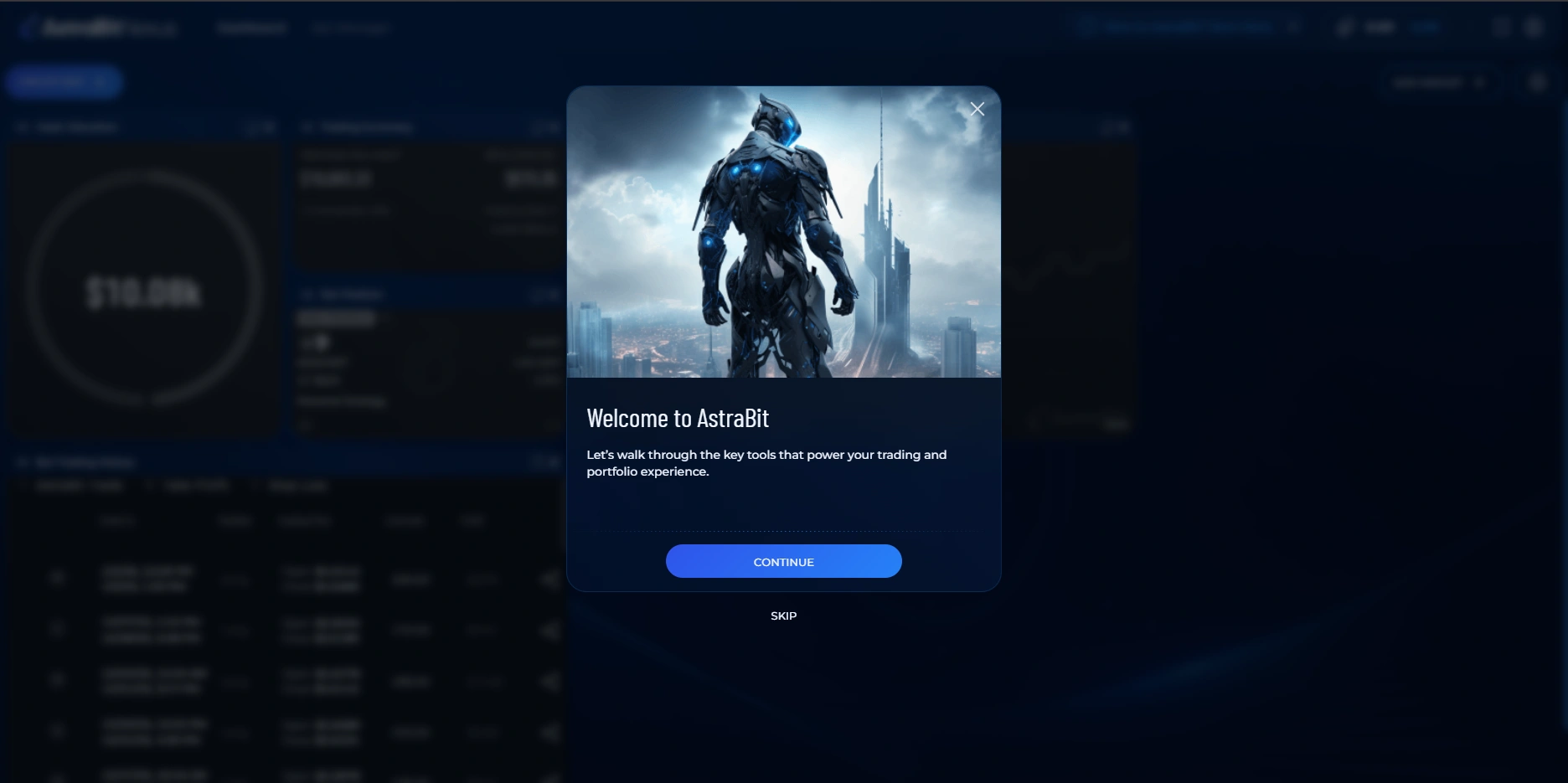 The AstraBit interactive guide welcome screen shown on the Nexus Dashboard.